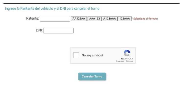 Pantalla para cancelar el turno de la VTV en Bernal con patente y DNI